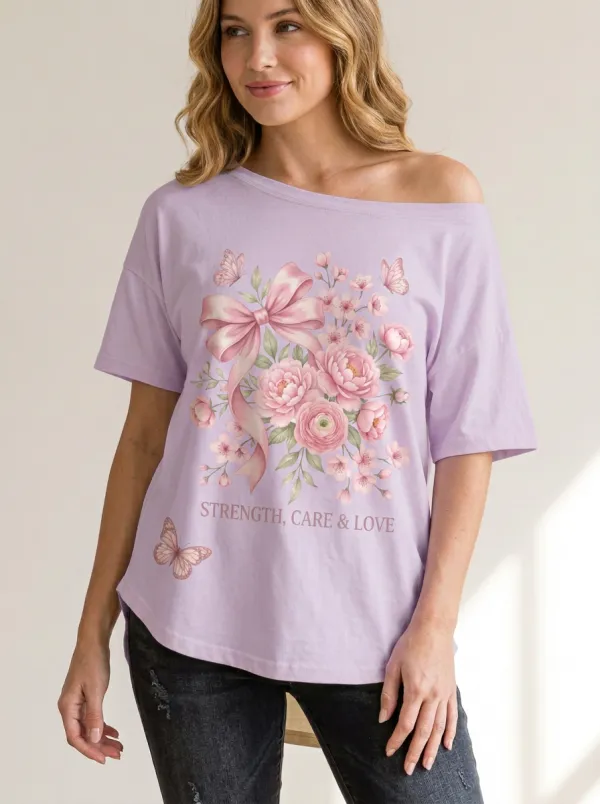 Women's Breast Cancer Awareness Pink Ribbon Floral Butterfly Printed T-shirt