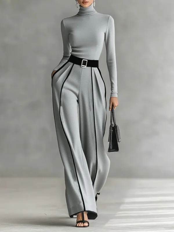 Refined High-High-Neck Top and Wide-Leg Pants Set