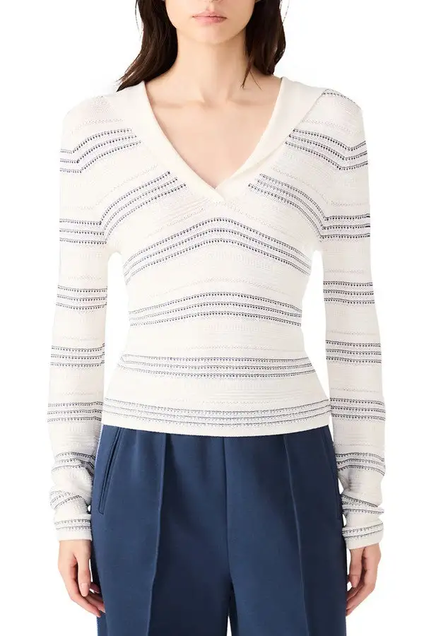 Blue & White Striped V-Neck Sweater