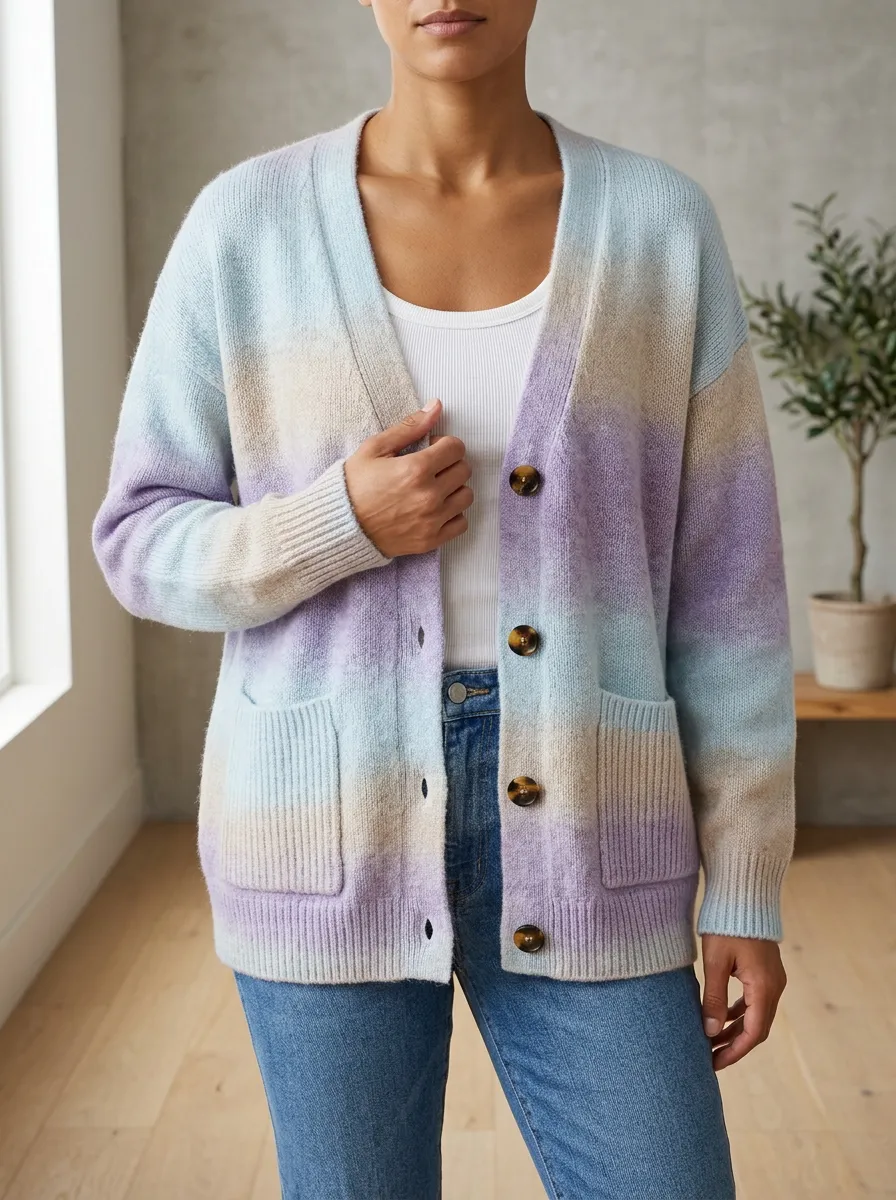 Women's Pastel Ombre Striped Button Down Knit Cardigan