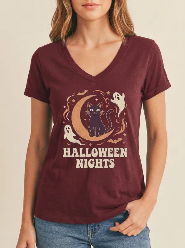 Women's Halloween Cat Moon Ghost Printed V-neck T-shirt