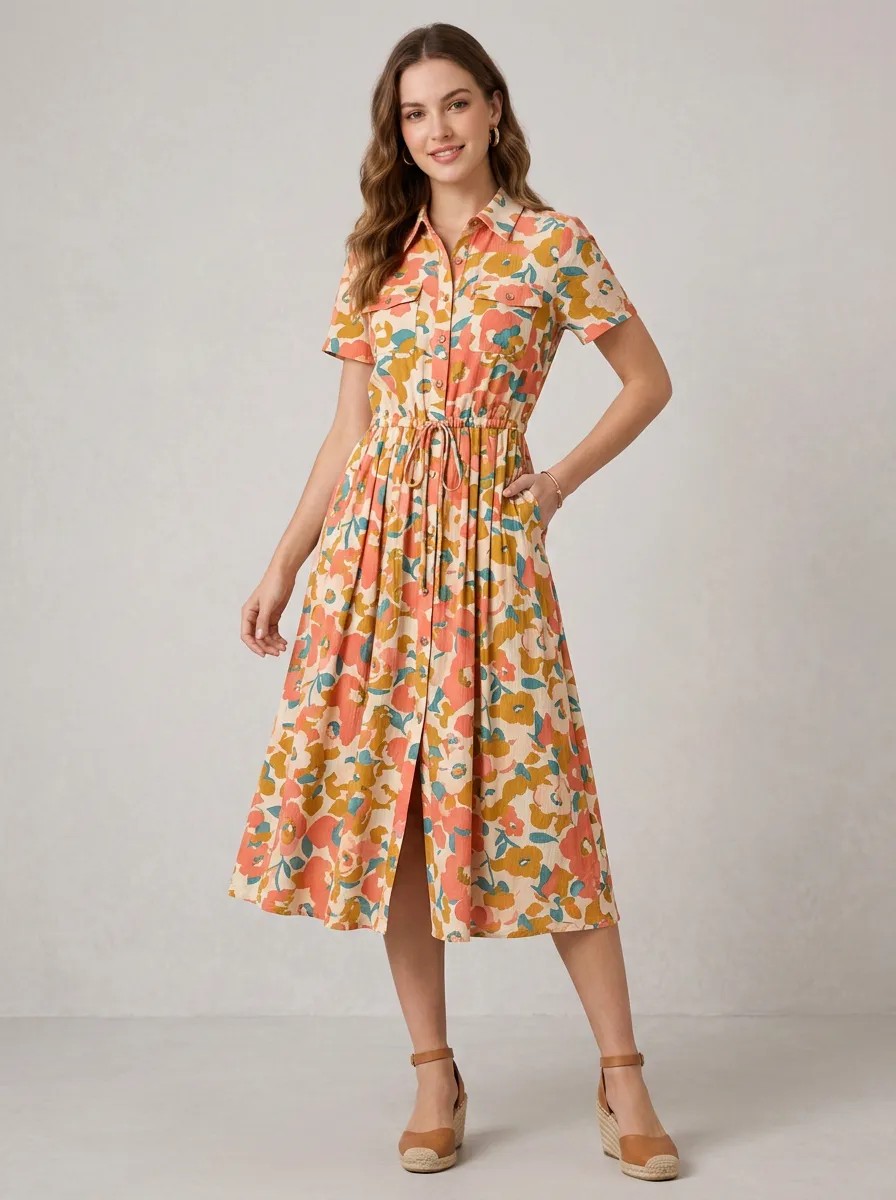 Women's Vintage Floral Pattern Printed Shirt Dress