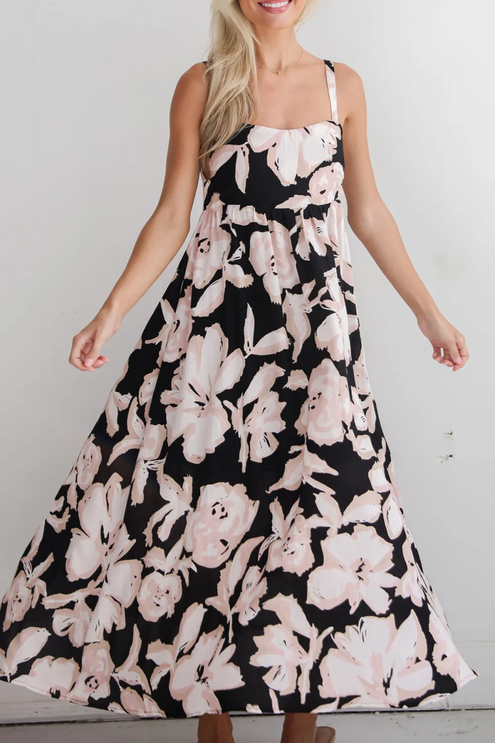 Black Strapless Floral Midi Dress
