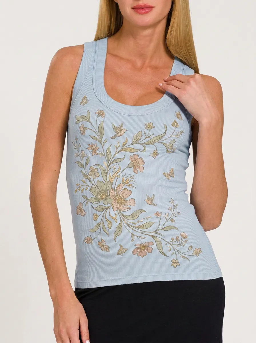 Women's Floral Nature Lover Hummingbird Butterfly Printed Tank Top