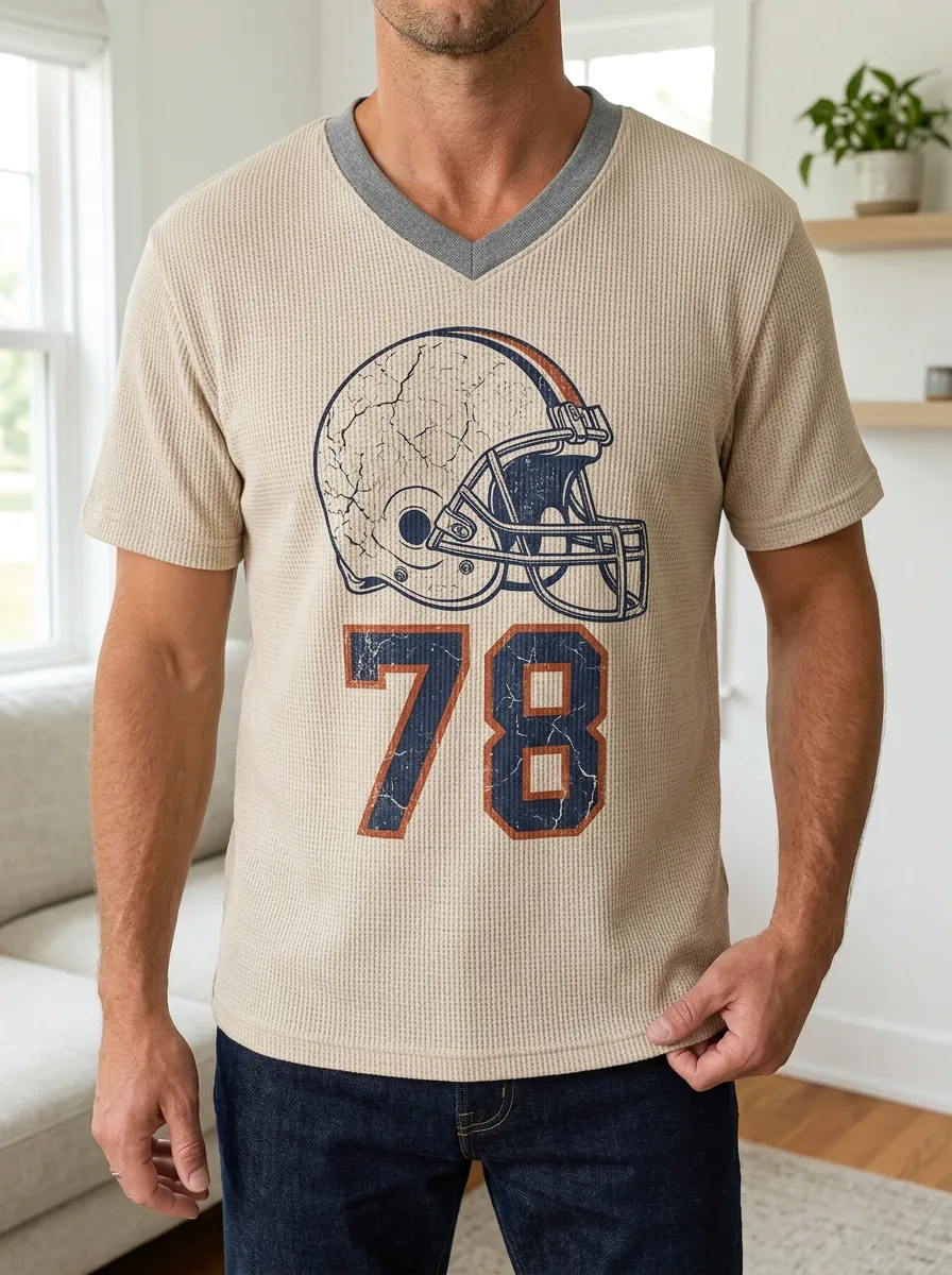 Men's Football Fan 78 Helmet Graphic Printed Waffle Knit Top