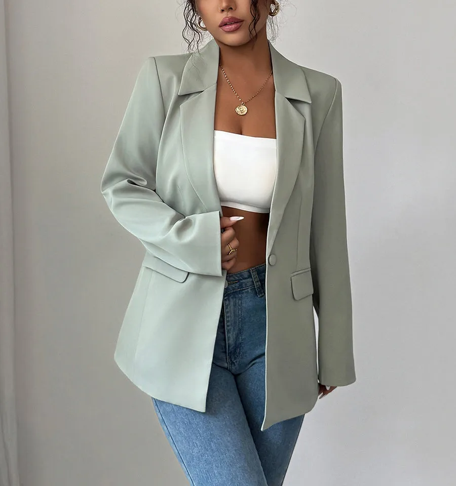 Long Sleeve Relaxed Button Front Pocket Solid Color Blazer Everyday