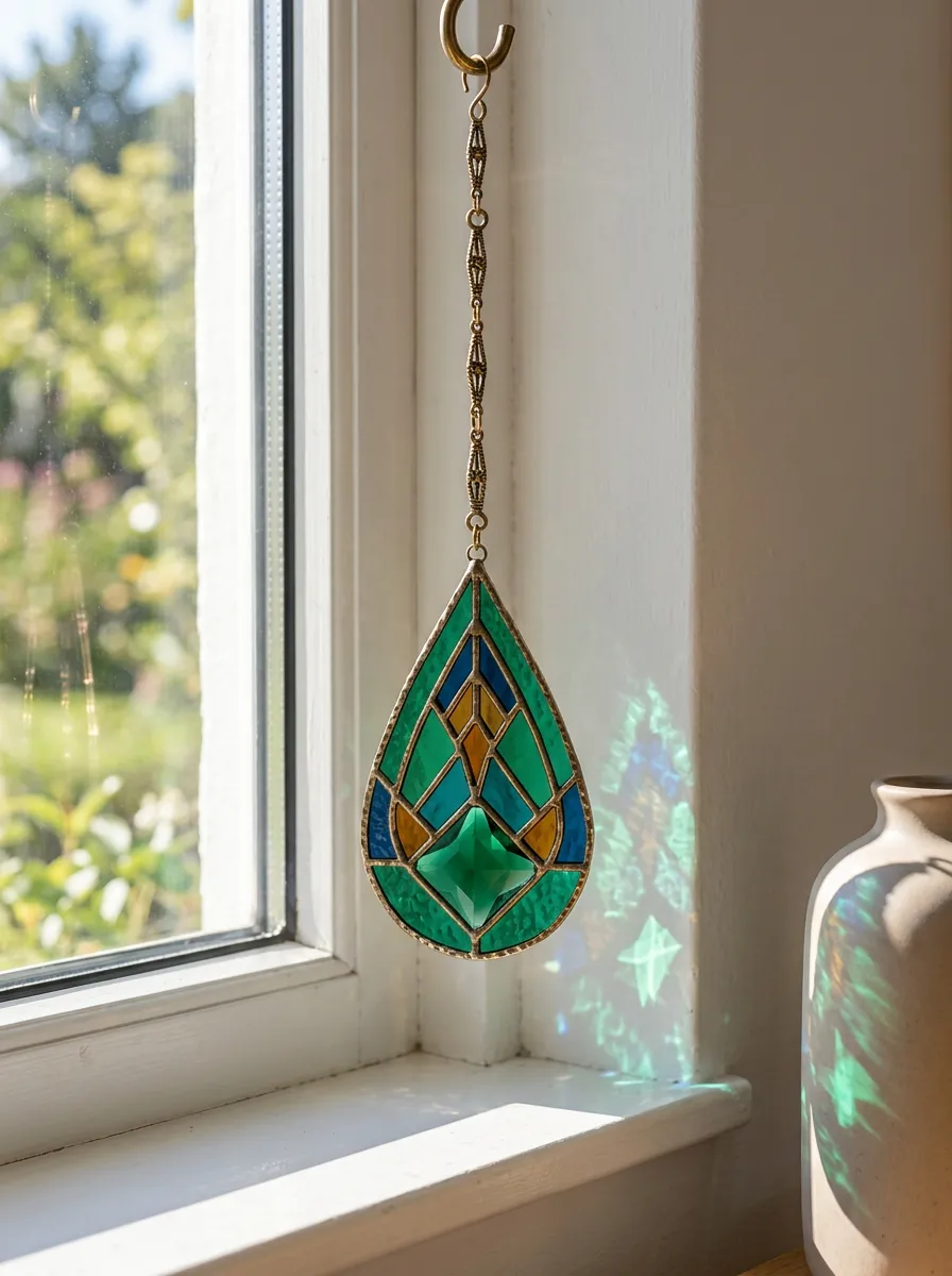 Geometric Teardrop Stained Glass Suncatcher Pendant