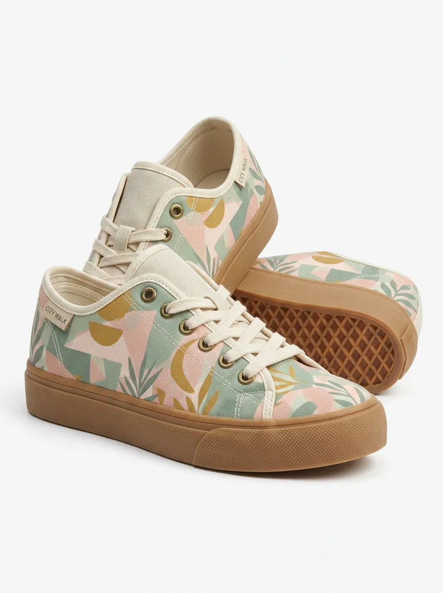 Women's Abstract Botanical Geometric Printed Canvas Shoes