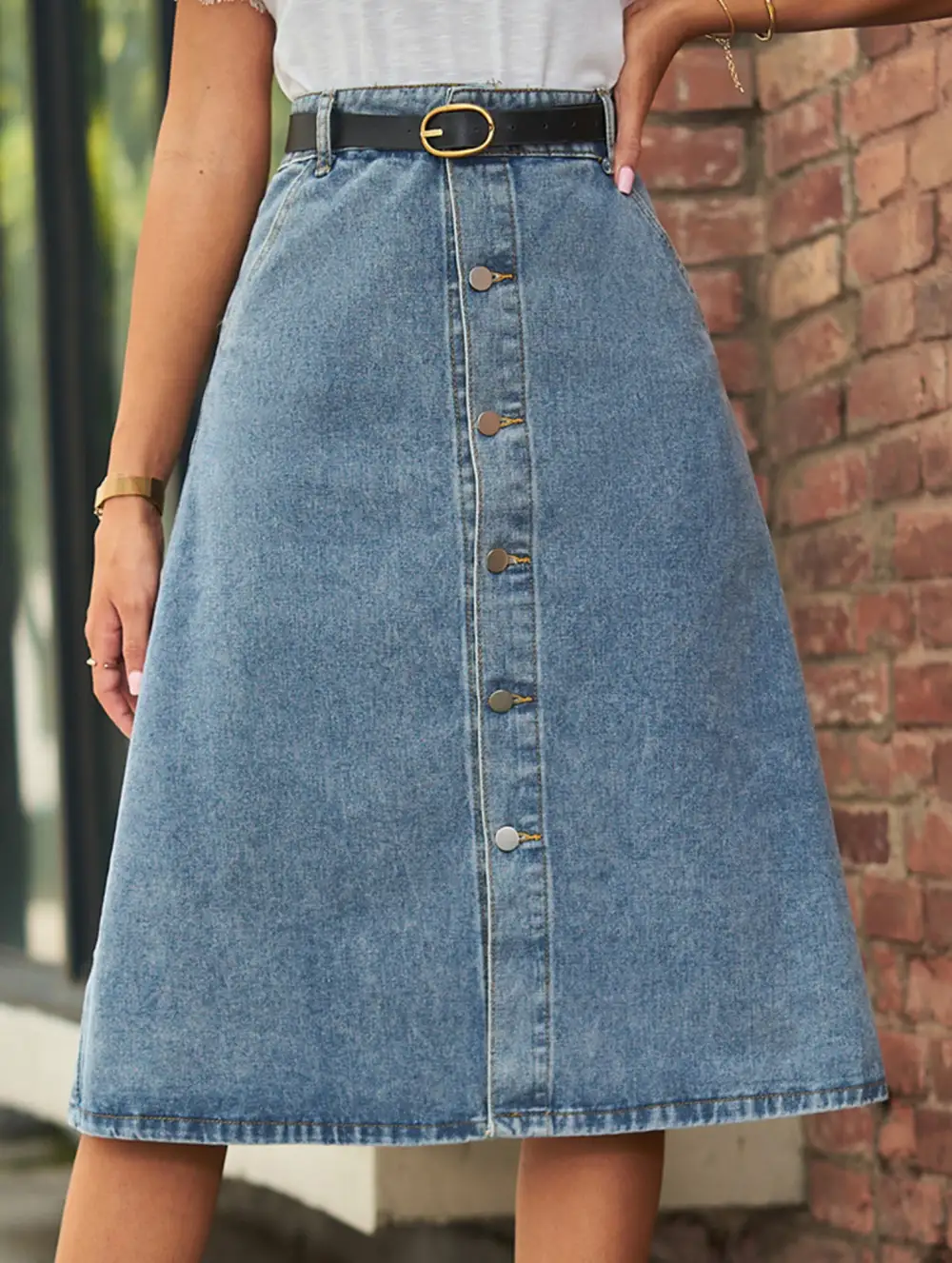 Denim Button Front Midi Skirt