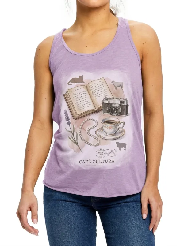 Women's Cafe Cultura Book Camera Coffee Printed Tank Top