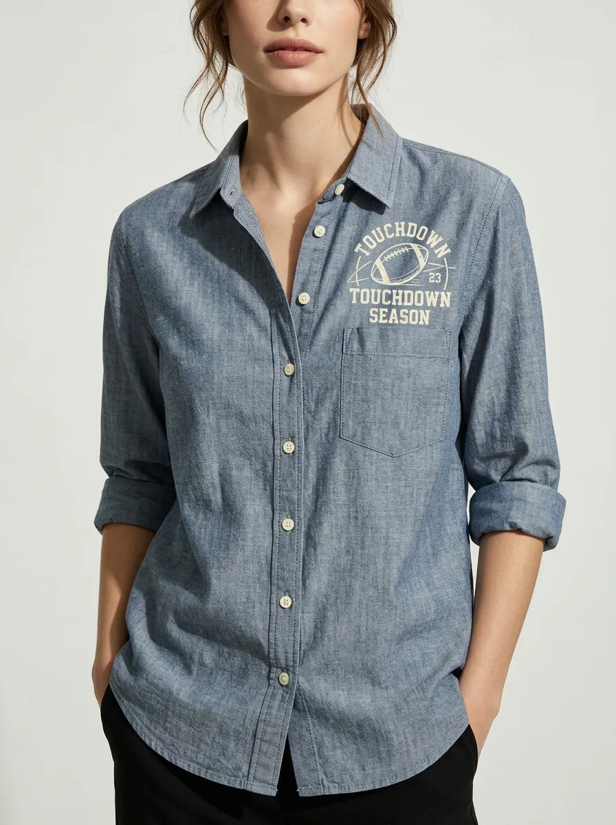 Women's Football Lover Touchdown Season Printed Chambray Shirt