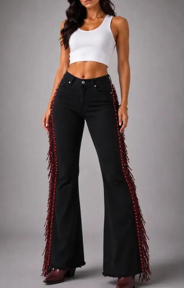 Bell Bottom Mid Rise Fringe Detail Vintage Style Cropped Everyday Denim Jeans
