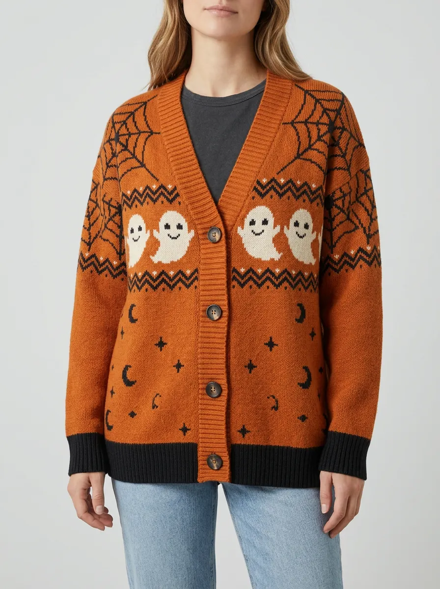 Women's Ghost Spiderweb Moon Halloween Knit Cardigan