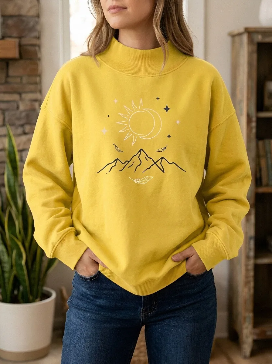 Women's Boho Celestial Mountain Sun Moon Feather Printed Sweatshirt