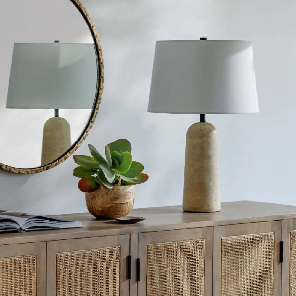 Art Deco Linen Shade Modern Travertine Table Lamp