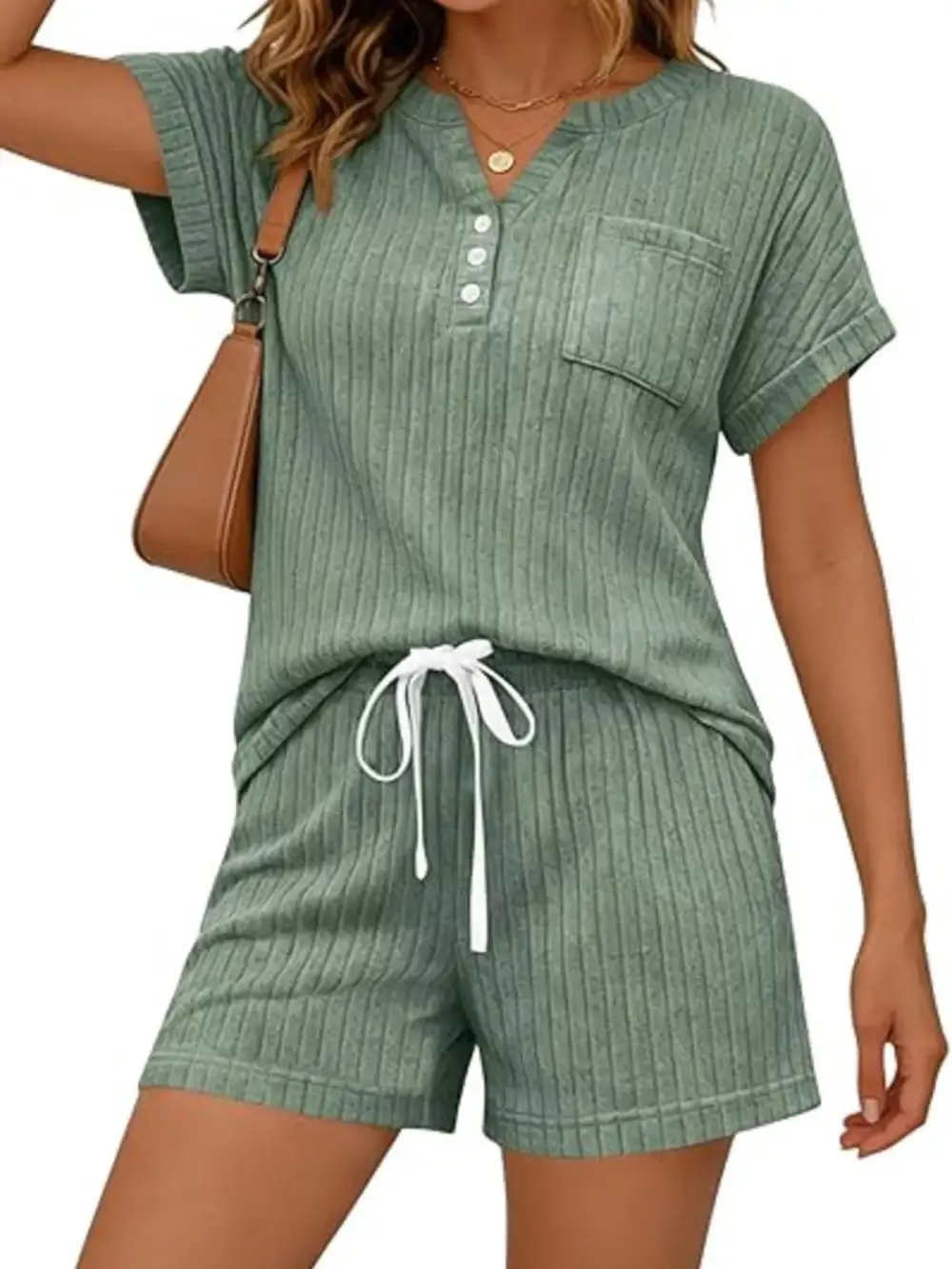 Casual Ribbed Knit Tee Shorts Set