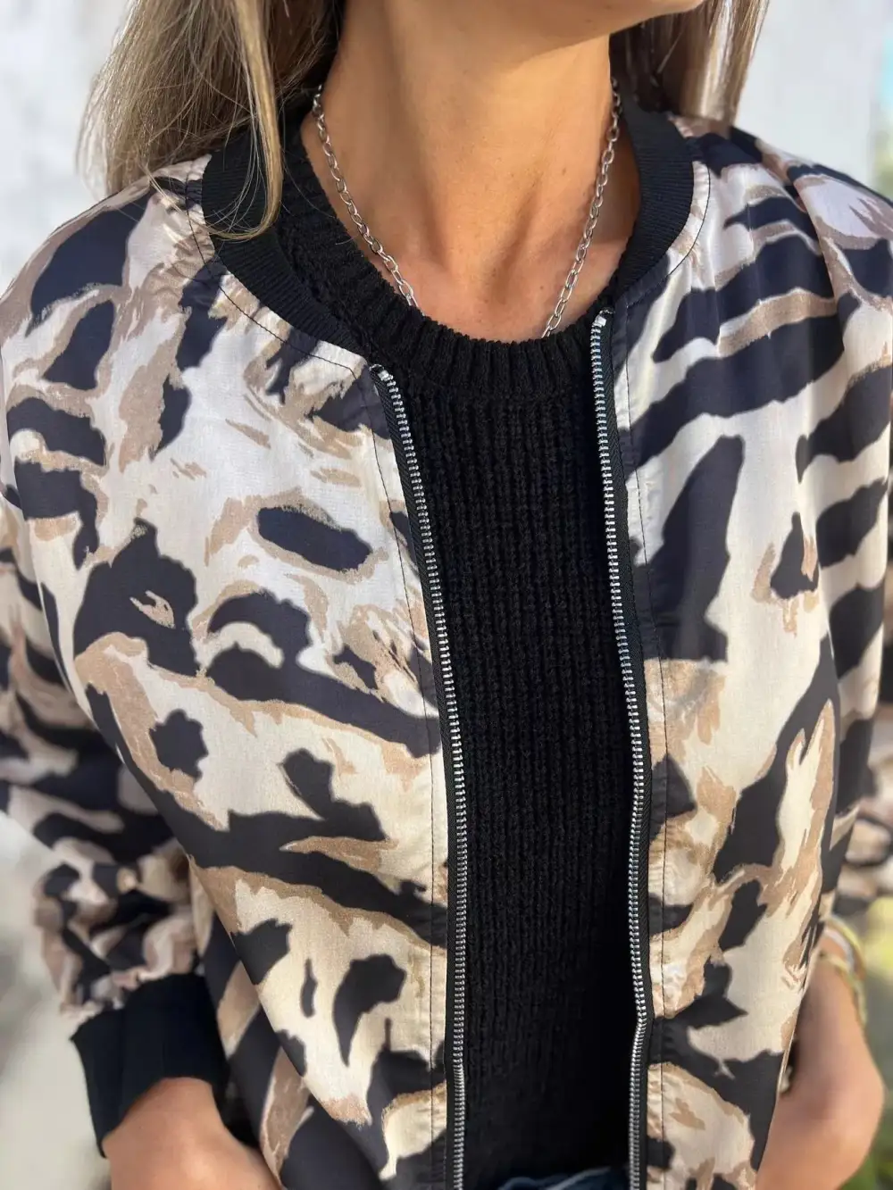 Zip Up Zebra Print Bomber Jacket