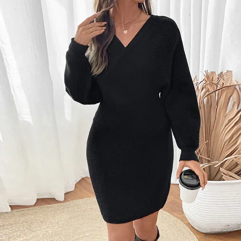 Women's V-Neck Puff-Sleeve Knit Dress
