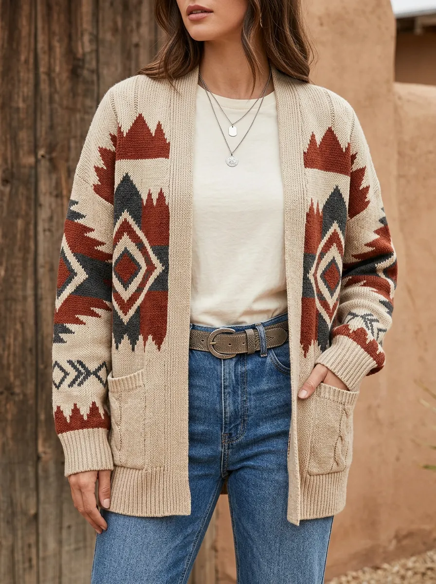 Women's Western Style Geometric Pattern Knitted Cardigan Sweater