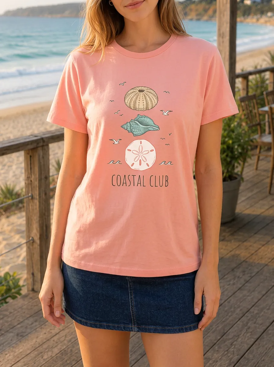 Women's Coastal Club Sea Shells Ocean Printed T-shirt