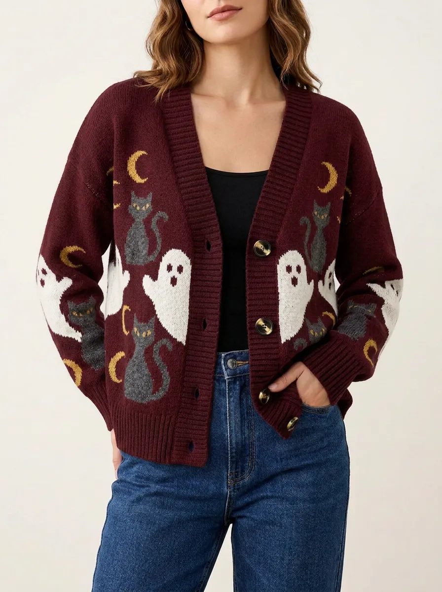 Women's Halloween Ghost Cat Moon Pattern Knitted Cardigan
