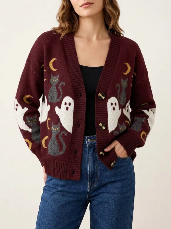 Women's Halloween Ghost Cat Moon Pattern Knitted Cardigan