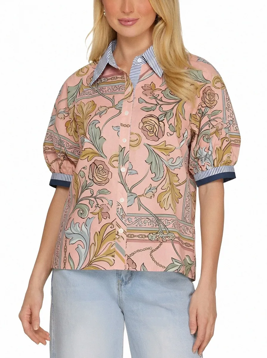 Women's Vintage Floral Baroque Printed Puff Sleeve Button-up Shirt