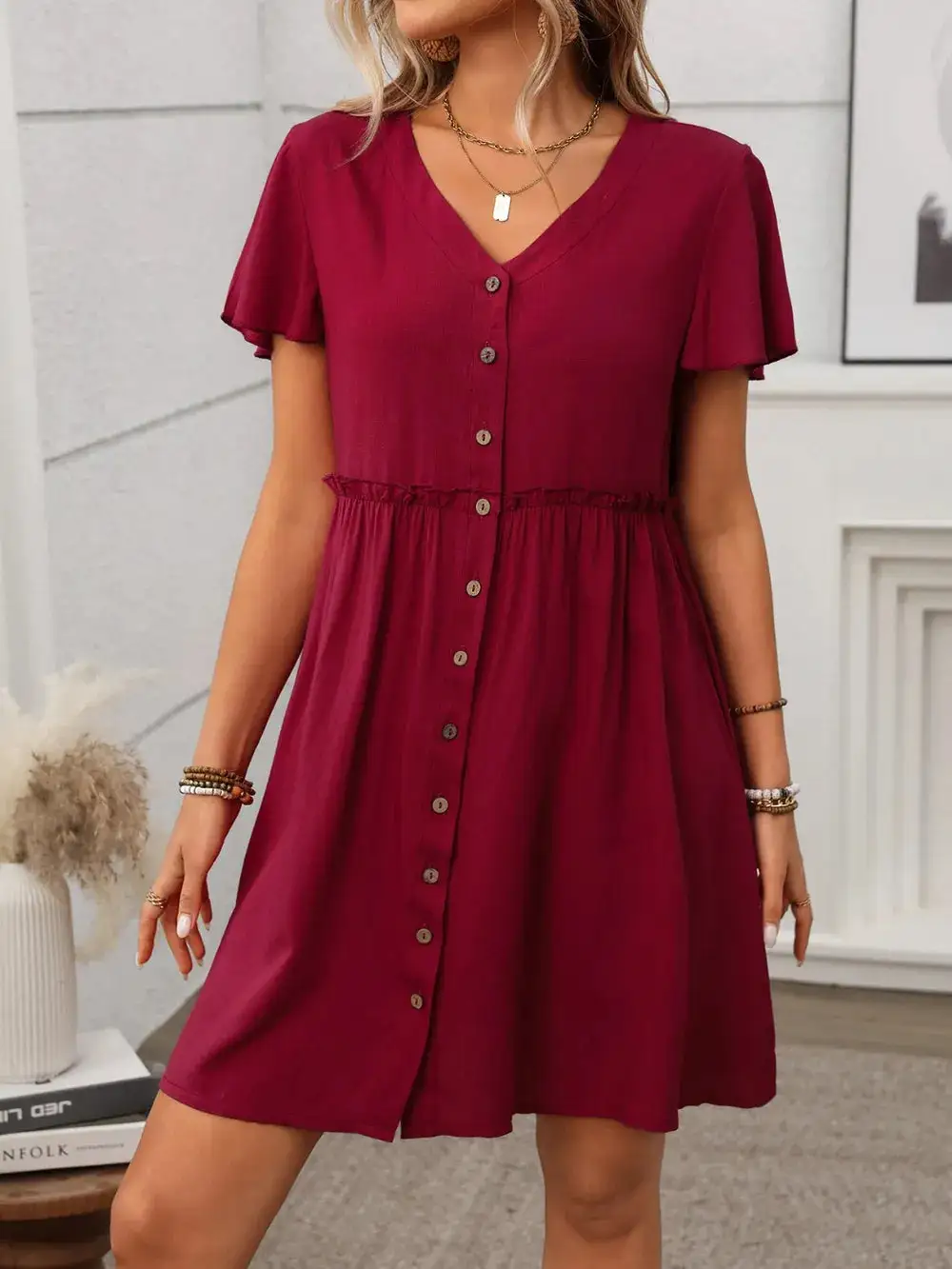 Flutter Sleeve Button Front Dress