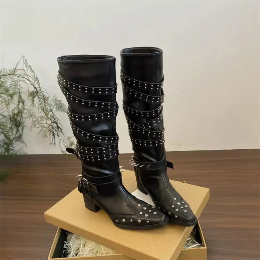 Studded Buckle Block Heel Boots