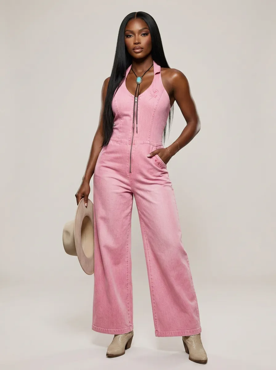 Pink Rose Floral Embroidered Zip-Front Denim Jumpsuit