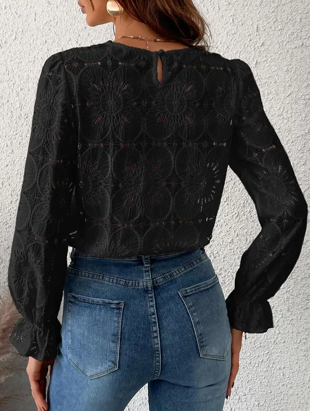 Openwork Lace Long Sleeve Blouse
