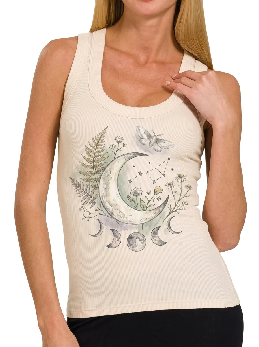 Women's Celestial Moon Moth Floral Printed Ribbed Tank Top