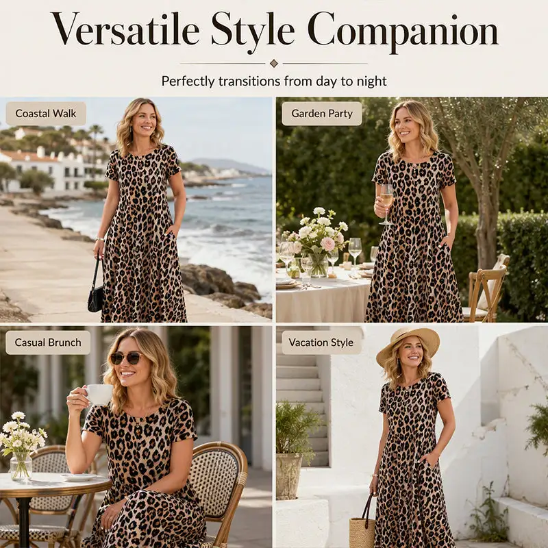 Summer Hot Sale 50% Off! Women's Leopard Print Maxi Dress with Pockets Casual Short Sleeve Long Dress