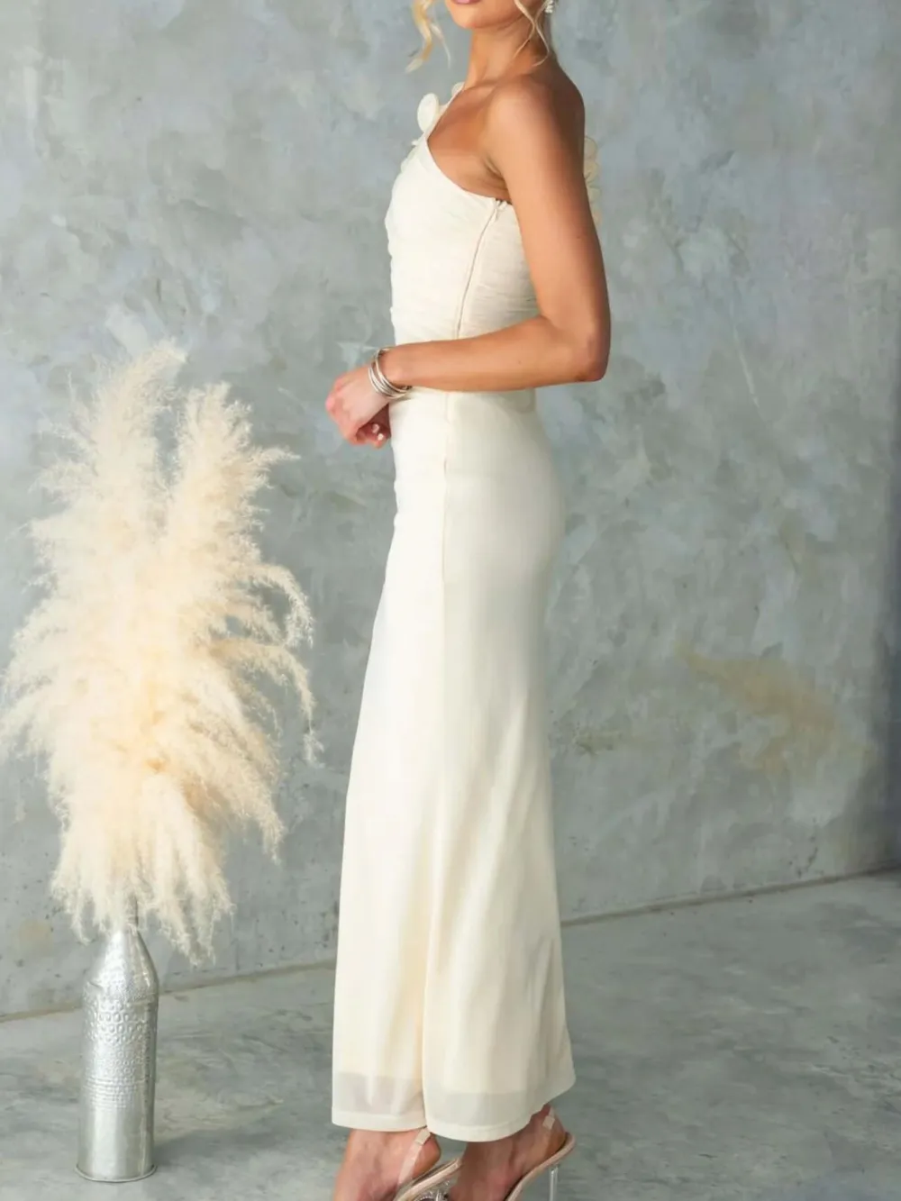 Ruched One-Shoulder Sleeveless Floral Maxi Dress