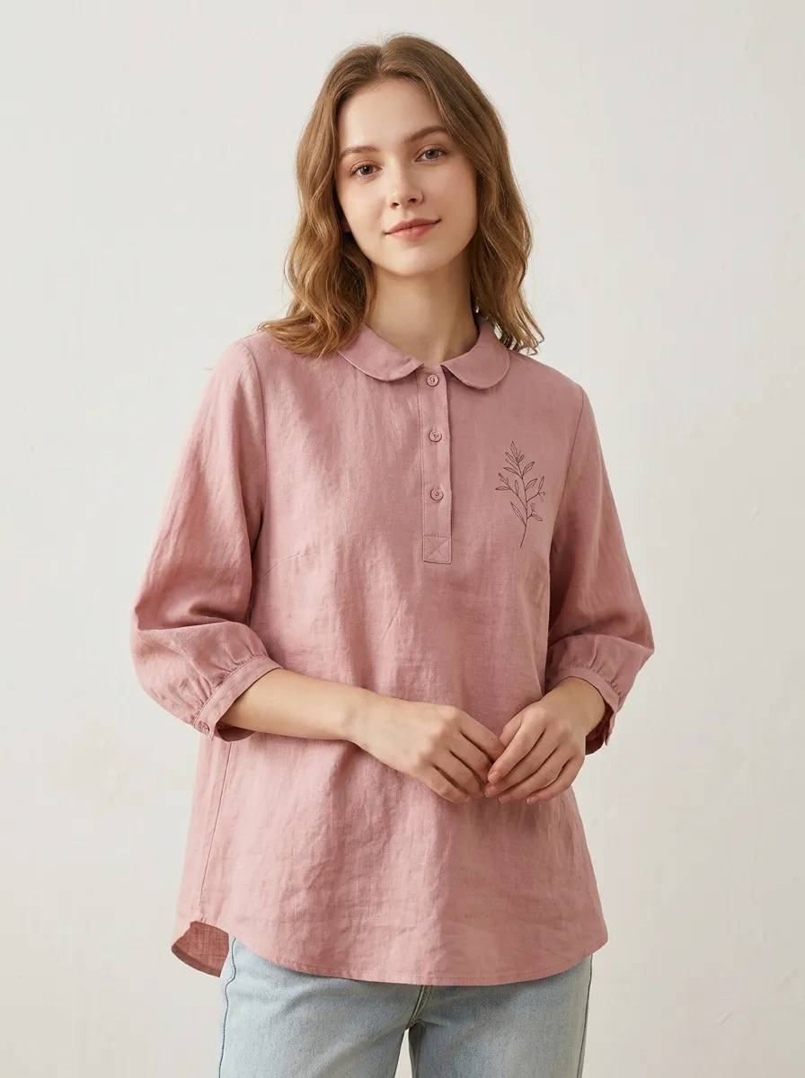 Women's Minimalist Botanical Leaf Printed Pink Cotton And Linen Top