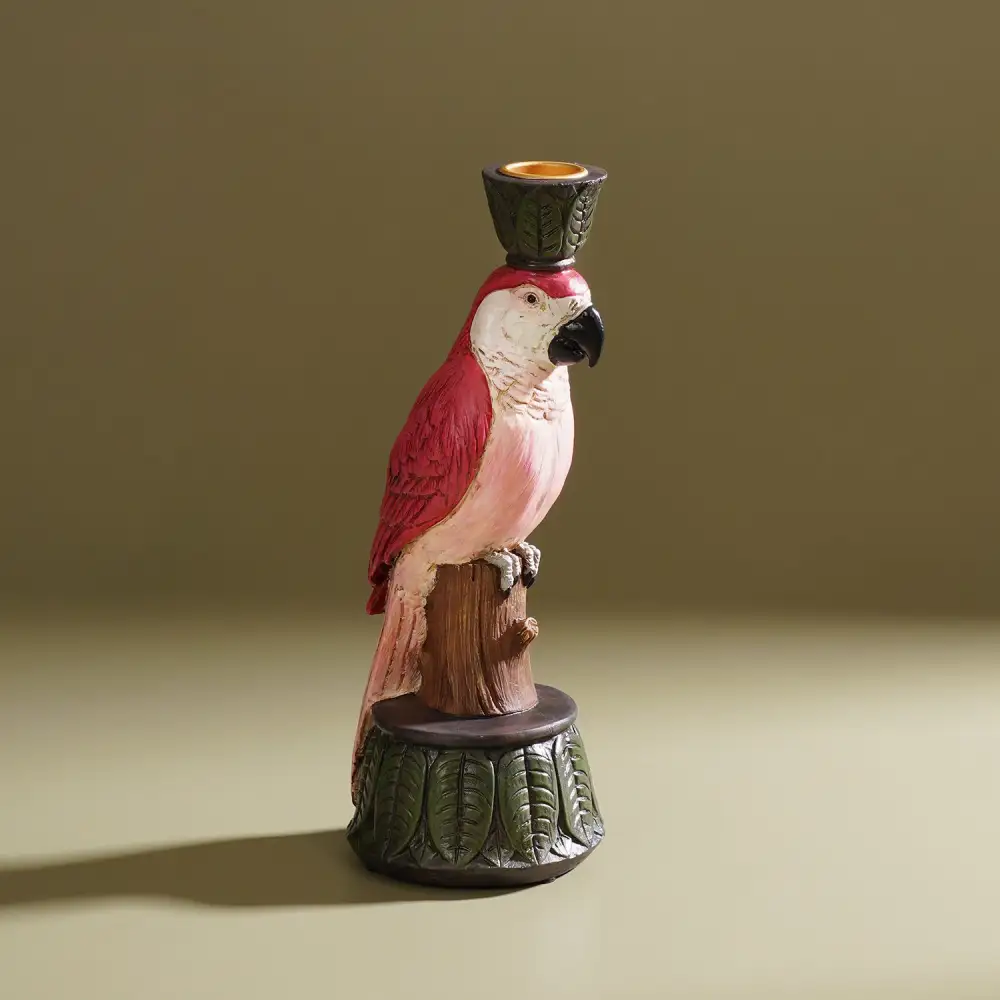 Red Pink Macaw Polyresin Candle Holder