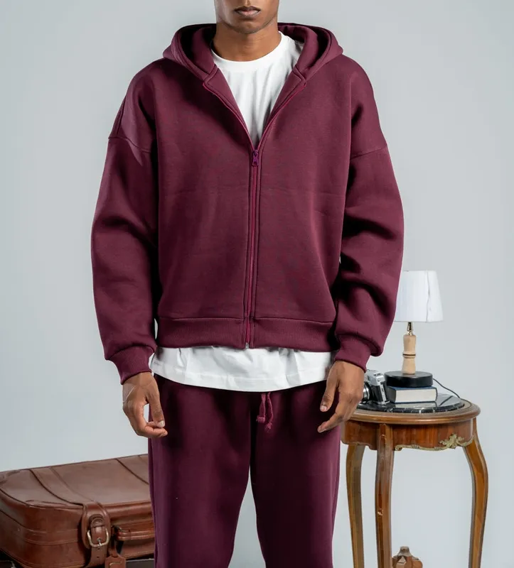 Burgundy Zip Front Hooded Sweatshirt