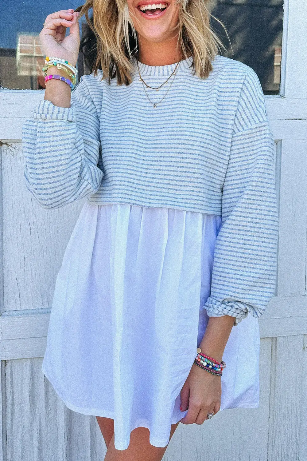 Striped Pleated Mixed Panel Mini Dress