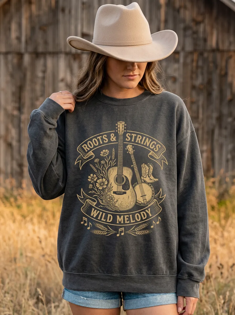 Western-Inspired Statement Women's Country Music Crewneck Sweatshirt