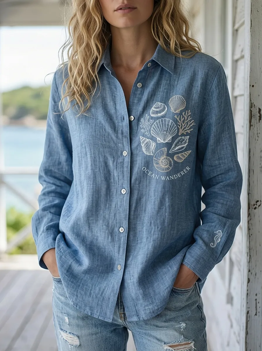 Women's Ocean Wanderer Seashell Coral Printed Linen Shirt