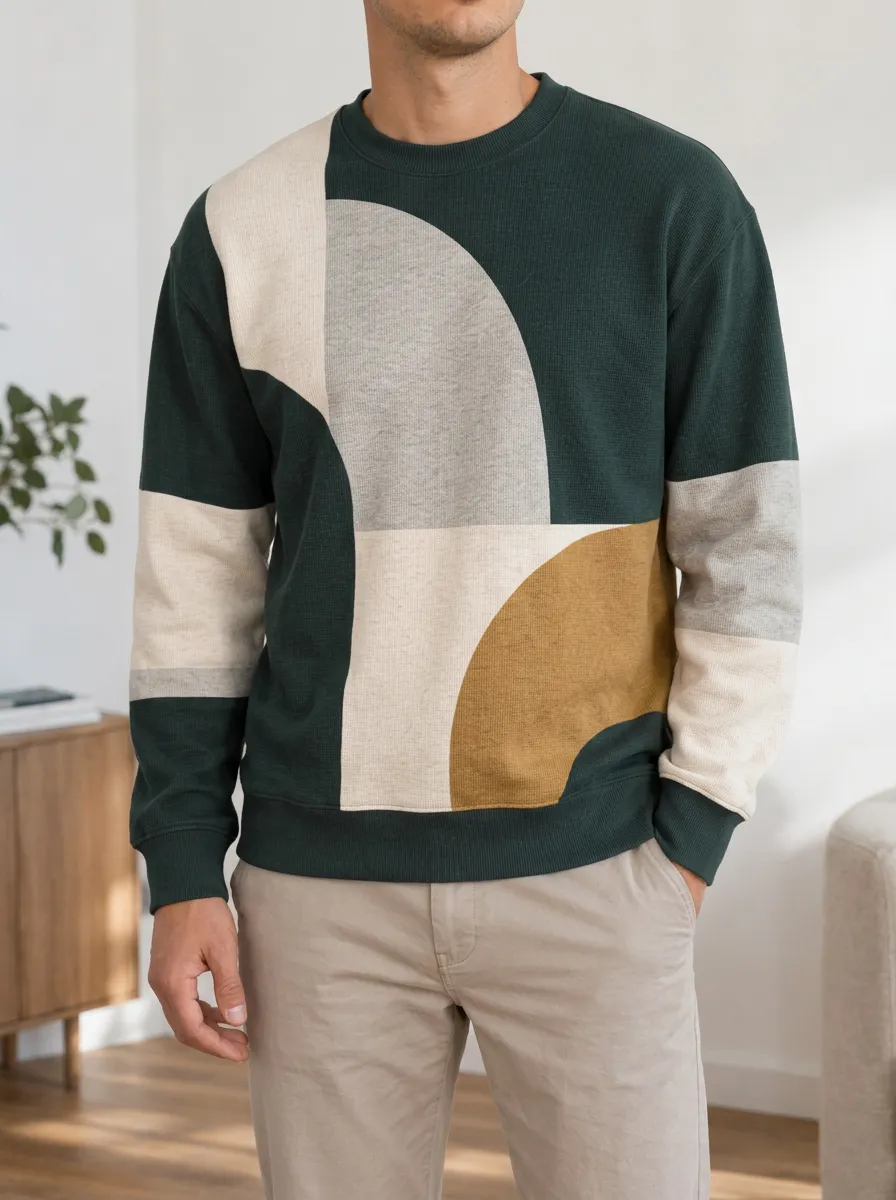Men's Abstract Geometric Pattern Waffle Zip Hoodie