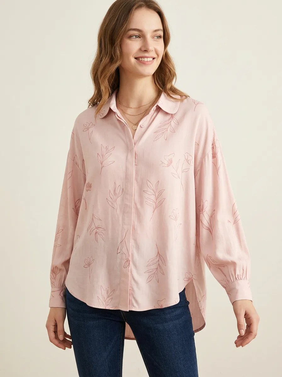 Women's Pink Floral Botanical Line Art Printed Button-Down Shirt
