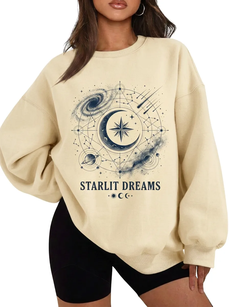 Women's Celestial Starlit Dreams Galaxy Moon Printed T-shirt