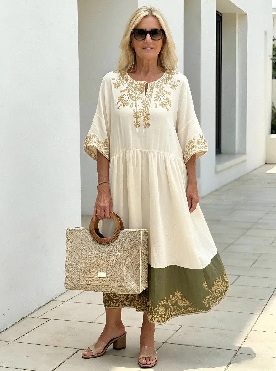 Women's Summer Vacation Olive Floral Embroidered Printed Dress