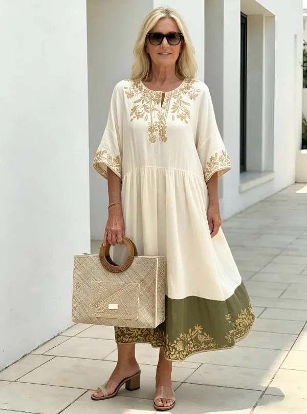Women's Summer Vacation Olive Floral Embroidered Printed Dress