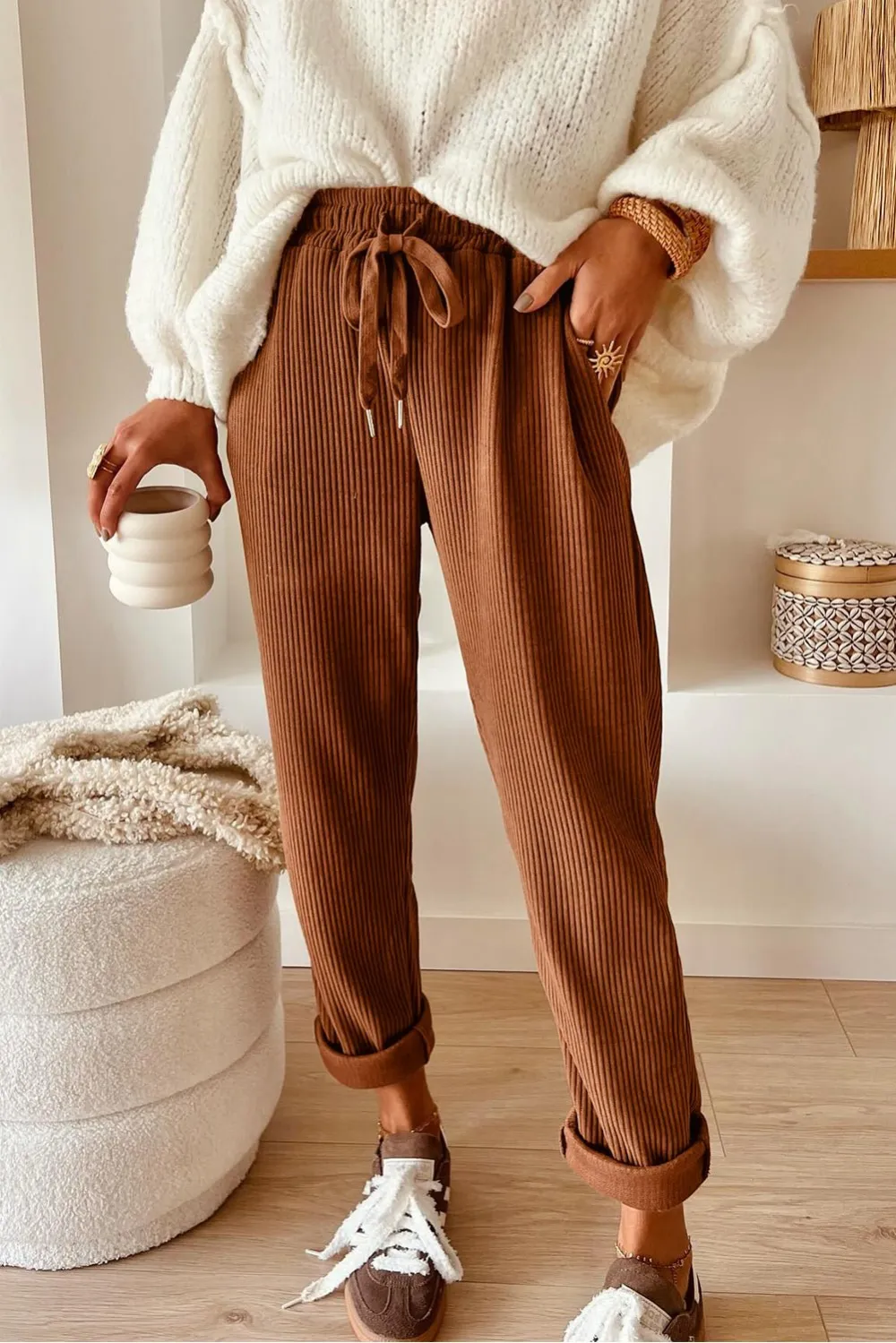 Corduroy High Waist Elastic Waist Drawstring Casual Pants