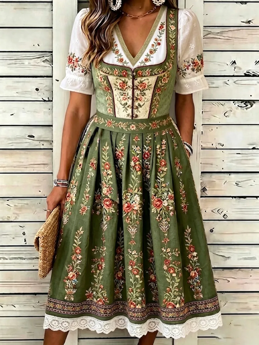 Women'S German Bavarian Vintage Floral Dress