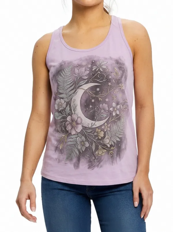 Women's Celestial Floral Moon Fern Printed Tank Top
