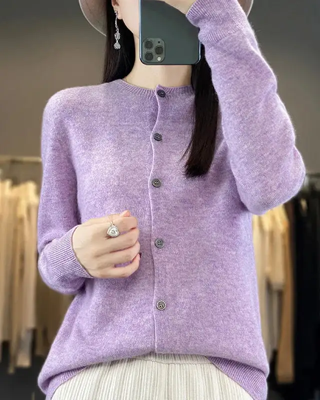 Merino-Wool Wool Round-Neck Cardigan
