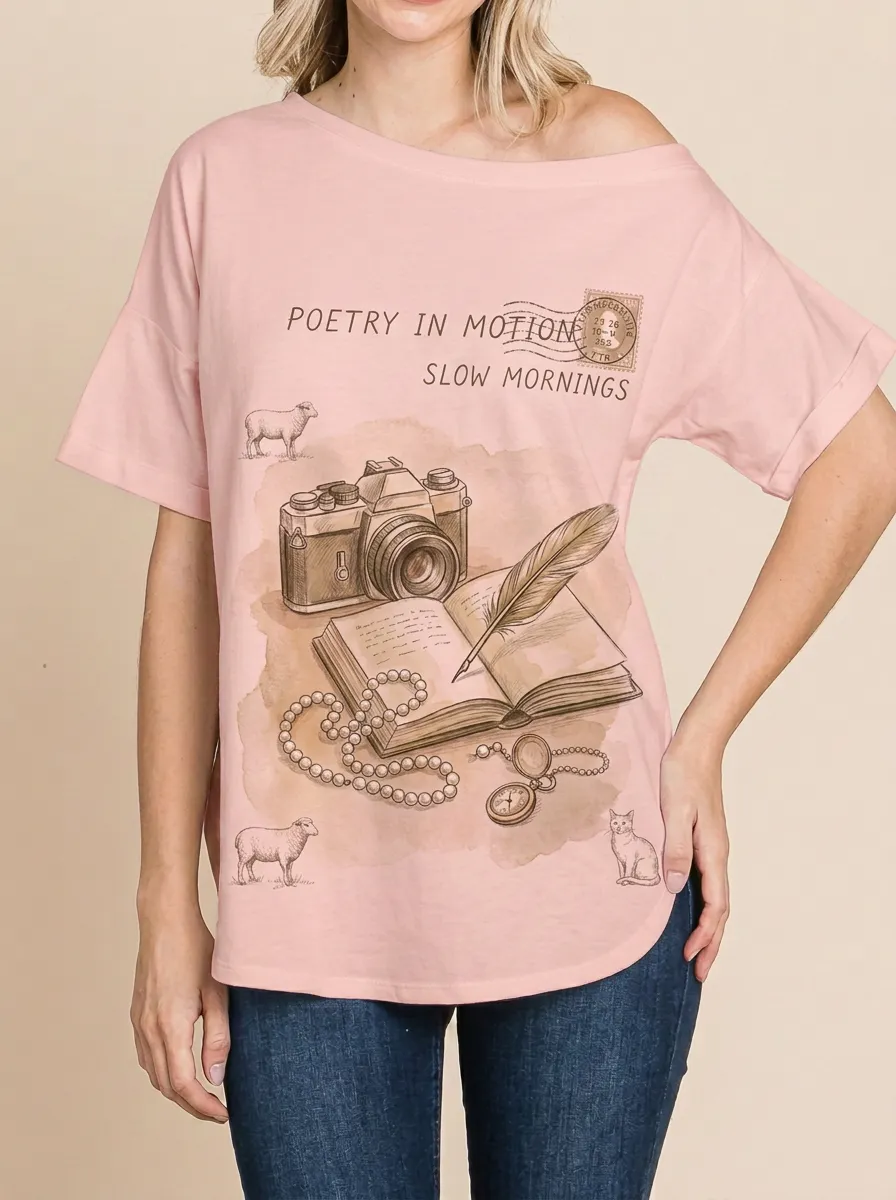 Women's Vintage Aesthetic Camera Book Sheep Printed T-shirt